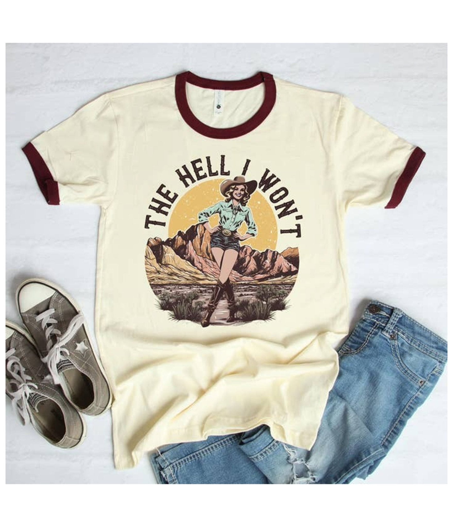 The Hell I Won't Burgundy Collar Unisex Graphic Ringer Tee in Ivory - Unique Vintage - Womens, GRAPHIC TEES, TEES