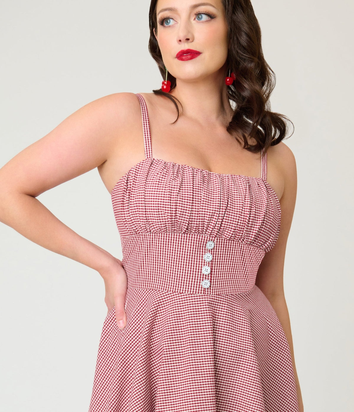 Timeless London Red Gingham Button Detail Swing Dress - Unique Vintage - Womens, DRESSES, SWING