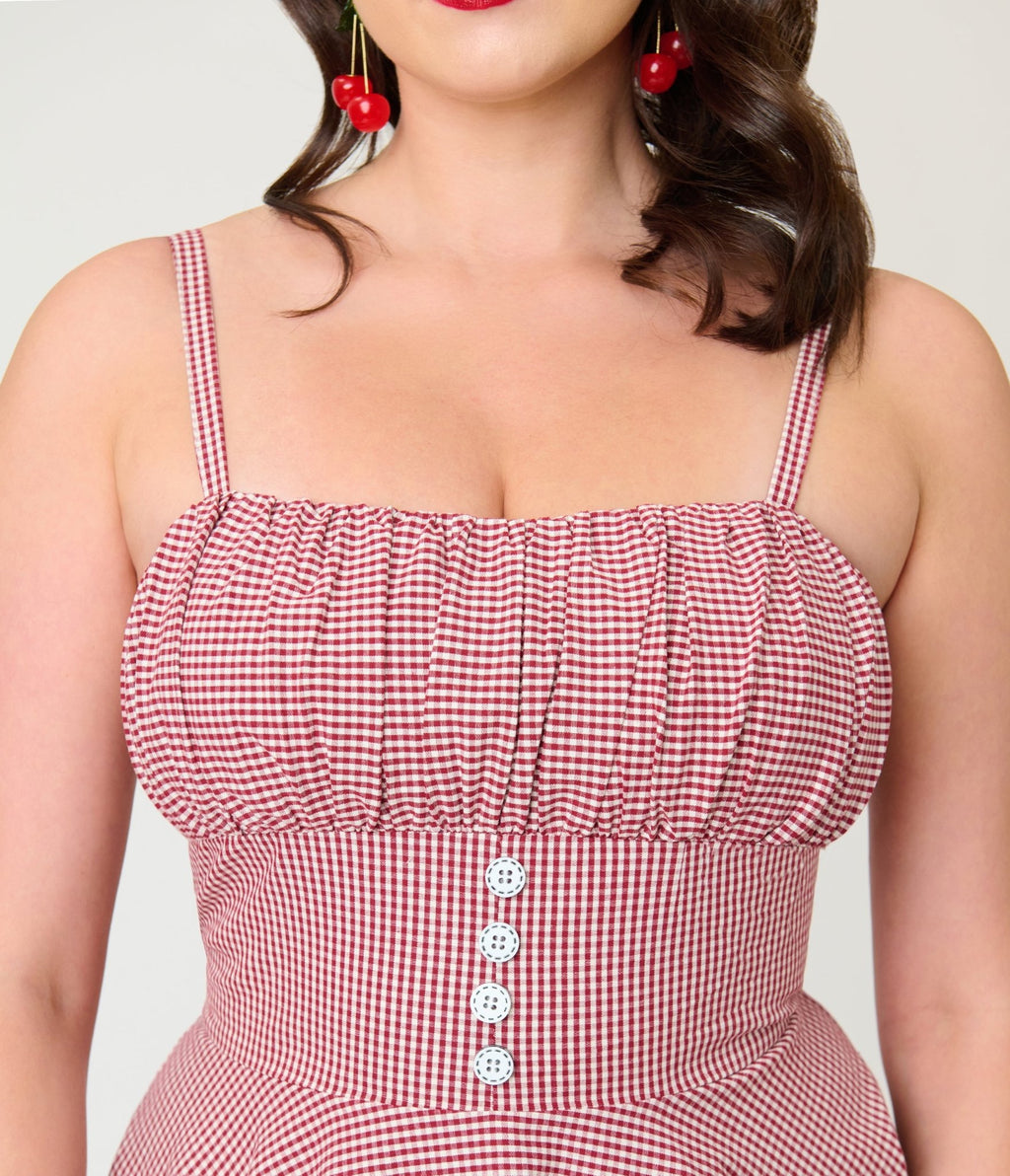 Timeless London Red Gingham Button Detail Swing Dress - Unique Vintage - Womens, DRESSES, SWING