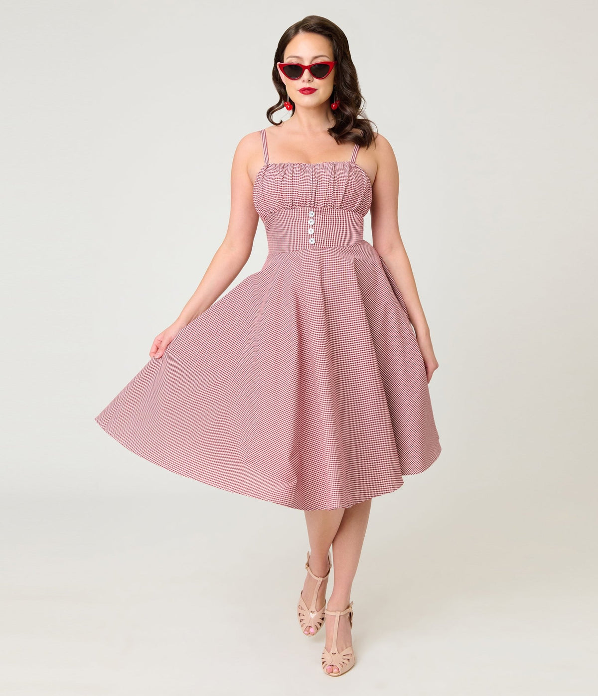 Timeless London Red Gingham Button Detail Swing Dress - Unique Vintage - Womens, DRESSES, SWING