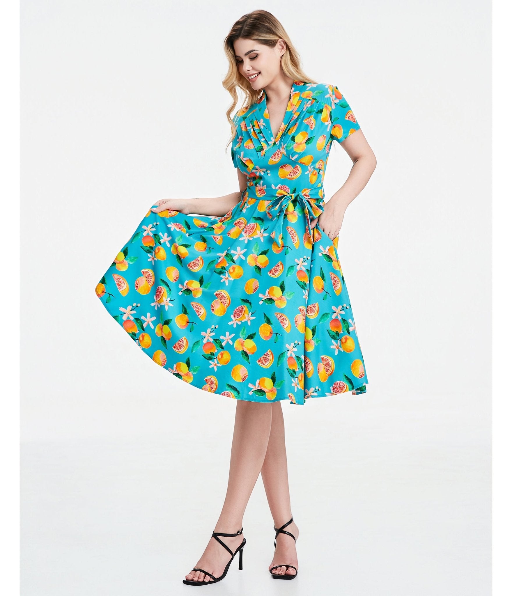 Turquoise Grapefruit Groove Rose Swing Dress - Unique Vintage - Womens, DRESSES, SWING