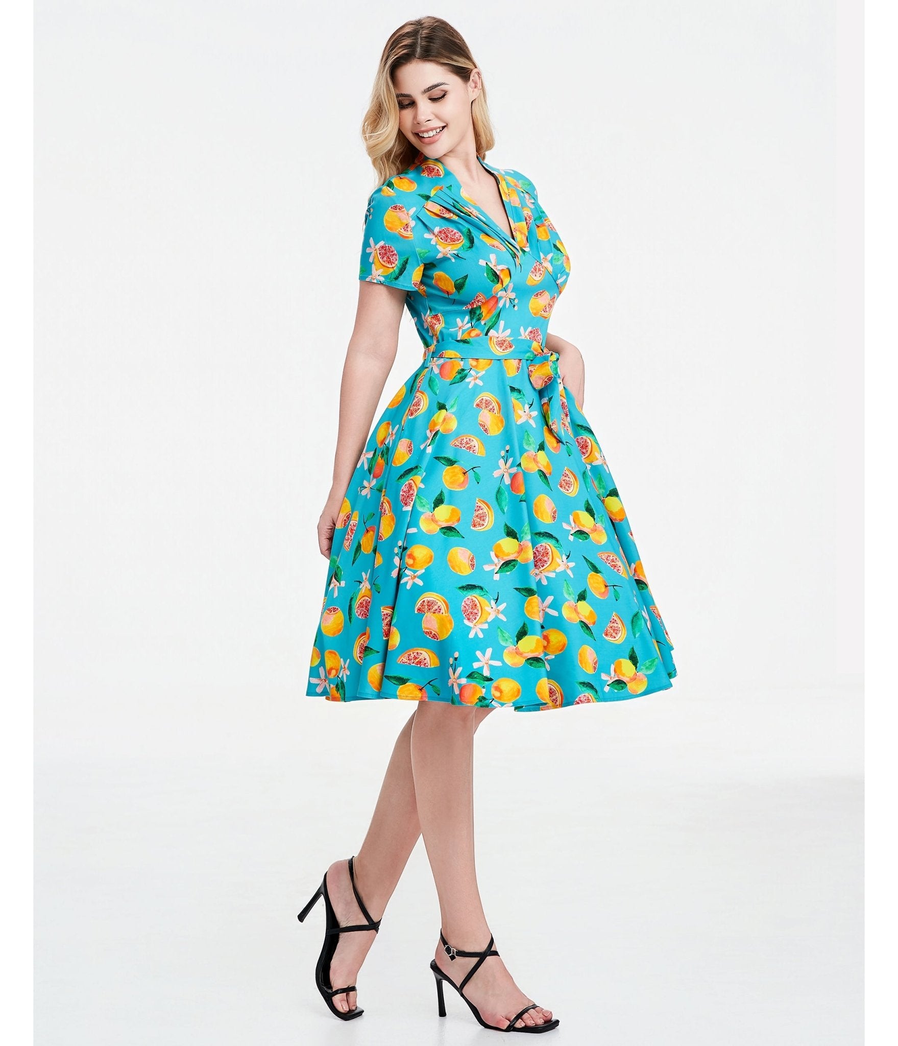 Turquoise Grapefruit Groove Rose Swing Dress - Unique Vintage - Womens, DRESSES, SWING