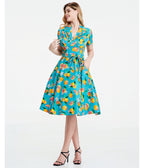 Turquoise Grapefruit Groove Rose Swing Dress - Unique Vintage - Womens, DRESSES, SWING