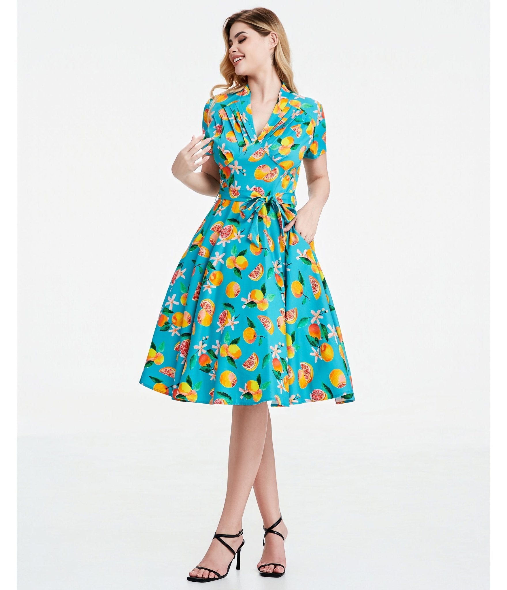 Turquoise Grapefruit Groove Rose Swing Dress - Unique Vintage - Womens, DRESSES, SWING