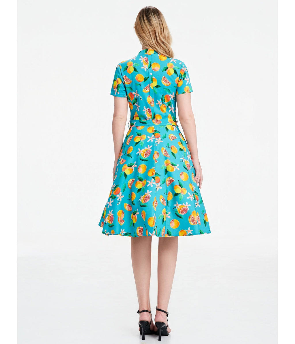 Turquoise Grapefruit Groove Rose Swing Dress - Unique Vintage - Womens, DRESSES, SWING