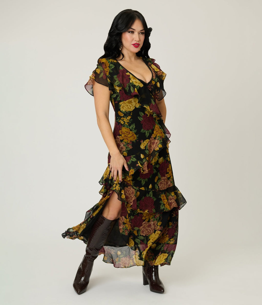 Twilight Bloom Ruffled V Neck Maxi Dress - Unique Vintage - Womens, DRESSES, MAXI