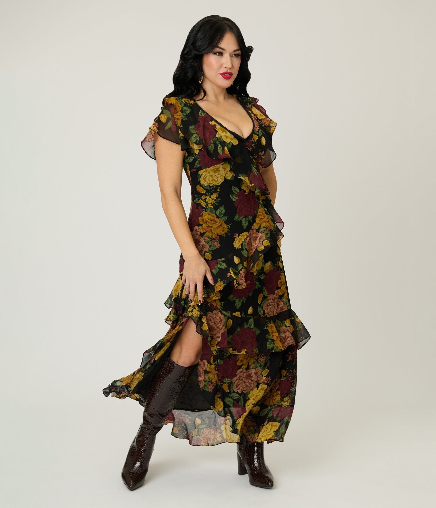 Twilight Bloom Ruffled V Neck Maxi Dress - Unique Vintage - Womens, DRESSES, MAXI