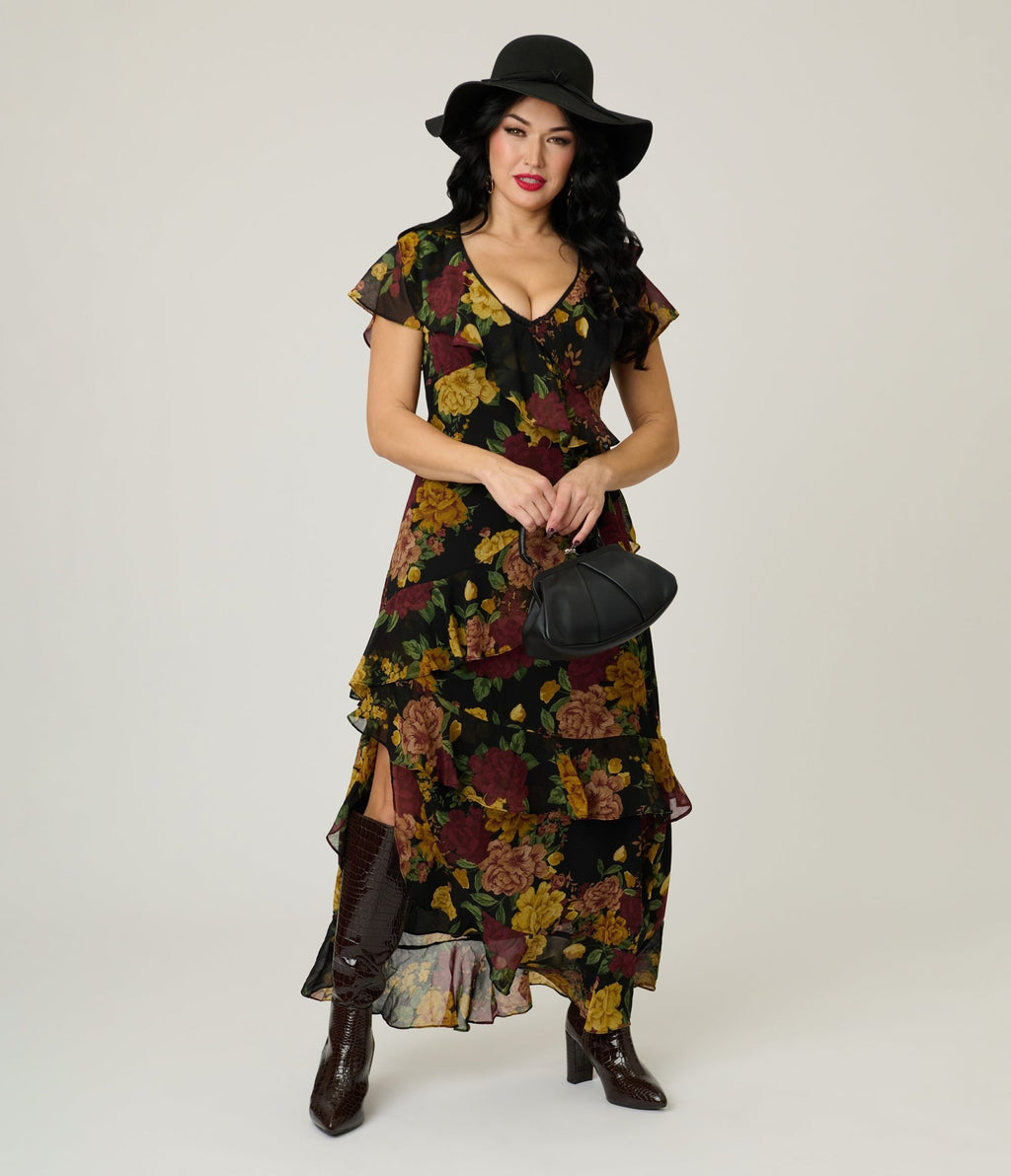 Twilight Bloom Ruffled V Neck Maxi Dress - Unique Vintage - Womens, DRESSES, MAXI