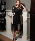 Unique Vintage 1920s Black Beaded Fringe Sleeve Nadine Flapper Dress - Unique Vintage - Womens, FLAPPER, SLEEVED BEADED