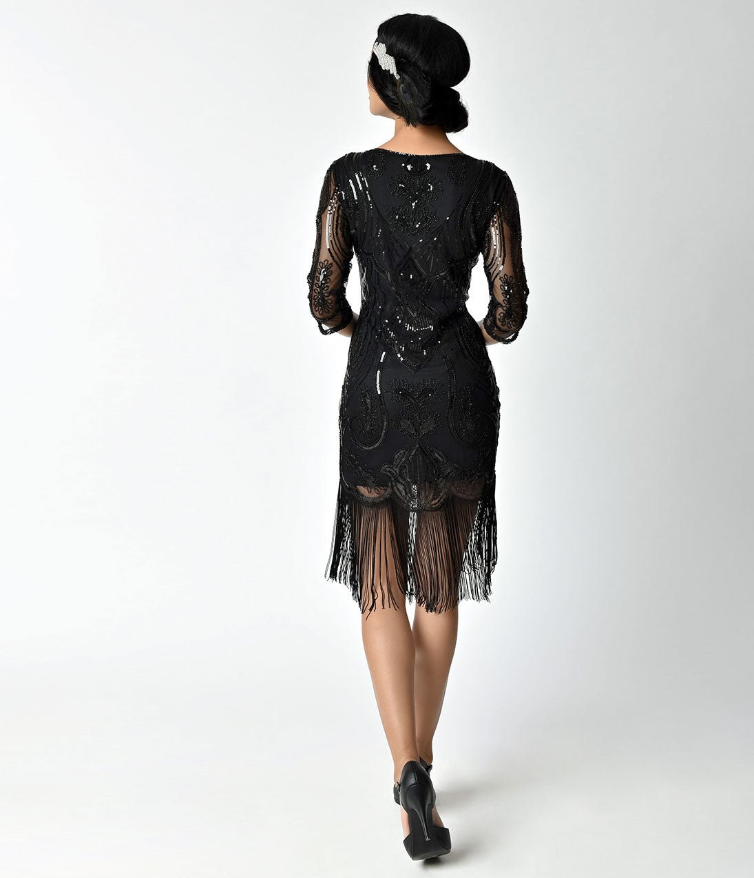 sequin fringe long sleeve cocktail dress Poly USA 8966 Sequin Short Long Sleeve Fringe Dress