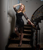 Unique Vintage 1920s Black Beaded & Sequin Sleeved Fringe Cocktail Dress - Unique Vintage - Womens, FLAPPER, SLEEVED BEADED