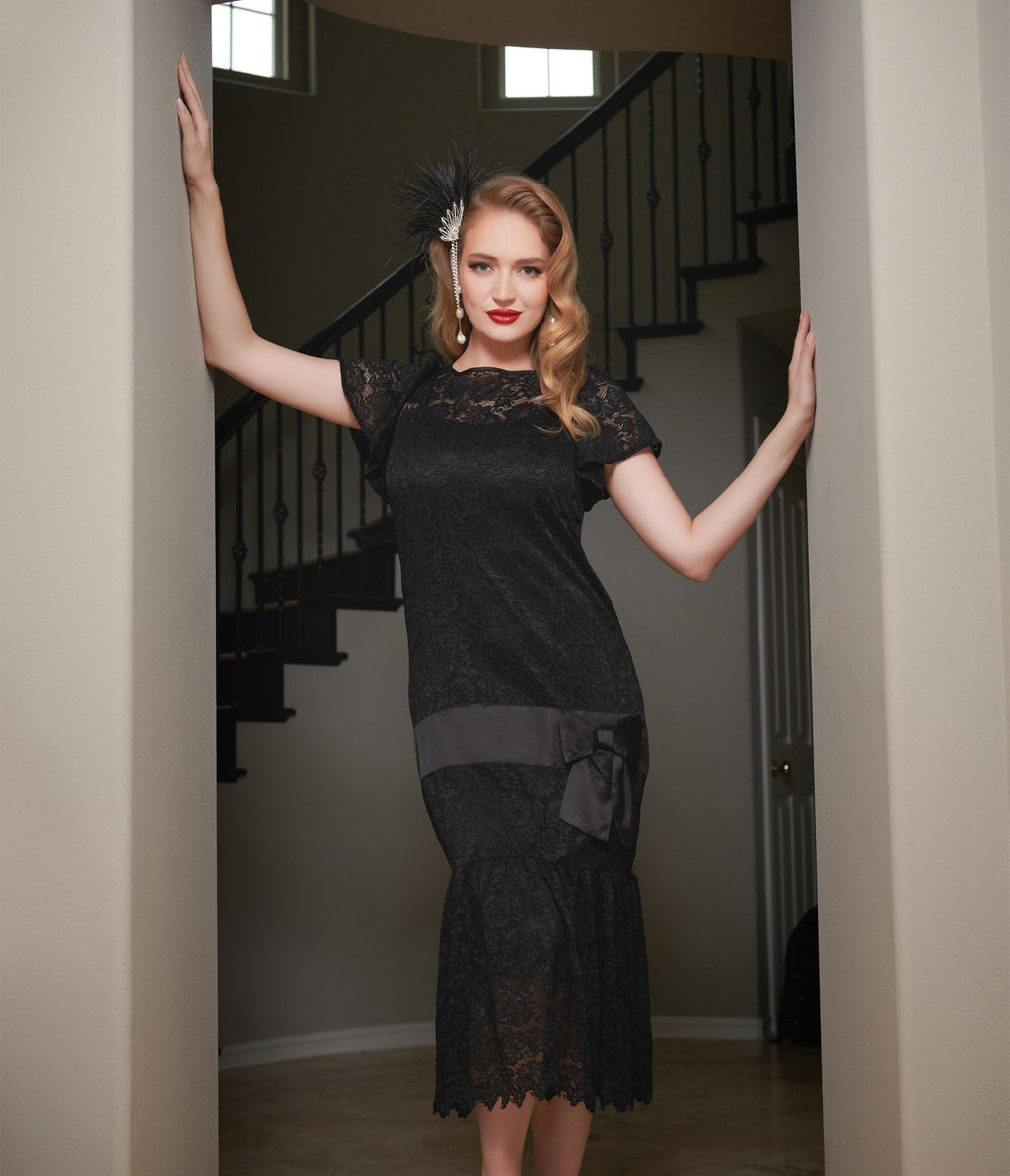 Unique Vintage 1920s Black Floral Lace & Bow Flapper Dress - Unique Vintage - Womens, FLAPPER, DRESSES