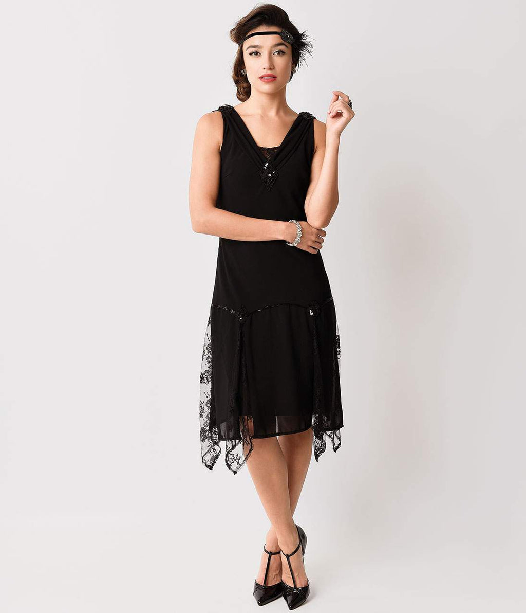Unique Vintage 1920s Black Hemingway Flapper Dress - Unique Vintage - Womens, FLAPPER, SLEEVELESS NON BEADED