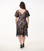 Unique Vintage 1920s Black Lace & Peach Flutter Sleeve Flapper Dress - Unique Vintage - Womens, FLAPPER, SLEEVED NON BEADED
