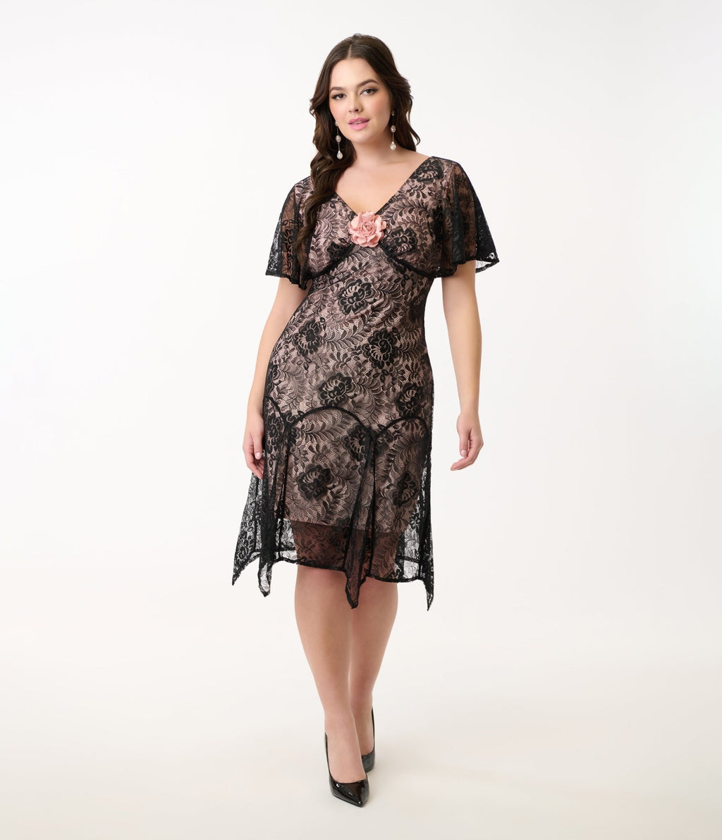 Unique Vintage 1920s Black Lace & Peach Lining Flutter Sleeve Flapper