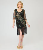 Unique Vintage 1920s Black Peacock Sequin Margaux Flapper Dress - Unique Vintage - Womens, FLAPPER, SLEEVED BEADED