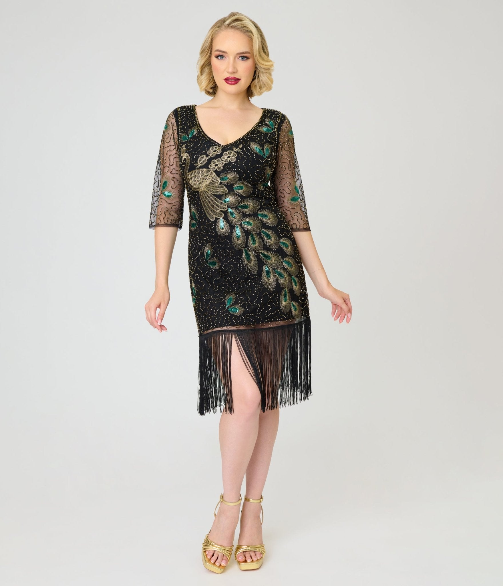 Unique Vintage 1920s Black Peacock Sequin Margaux Flapper Dress