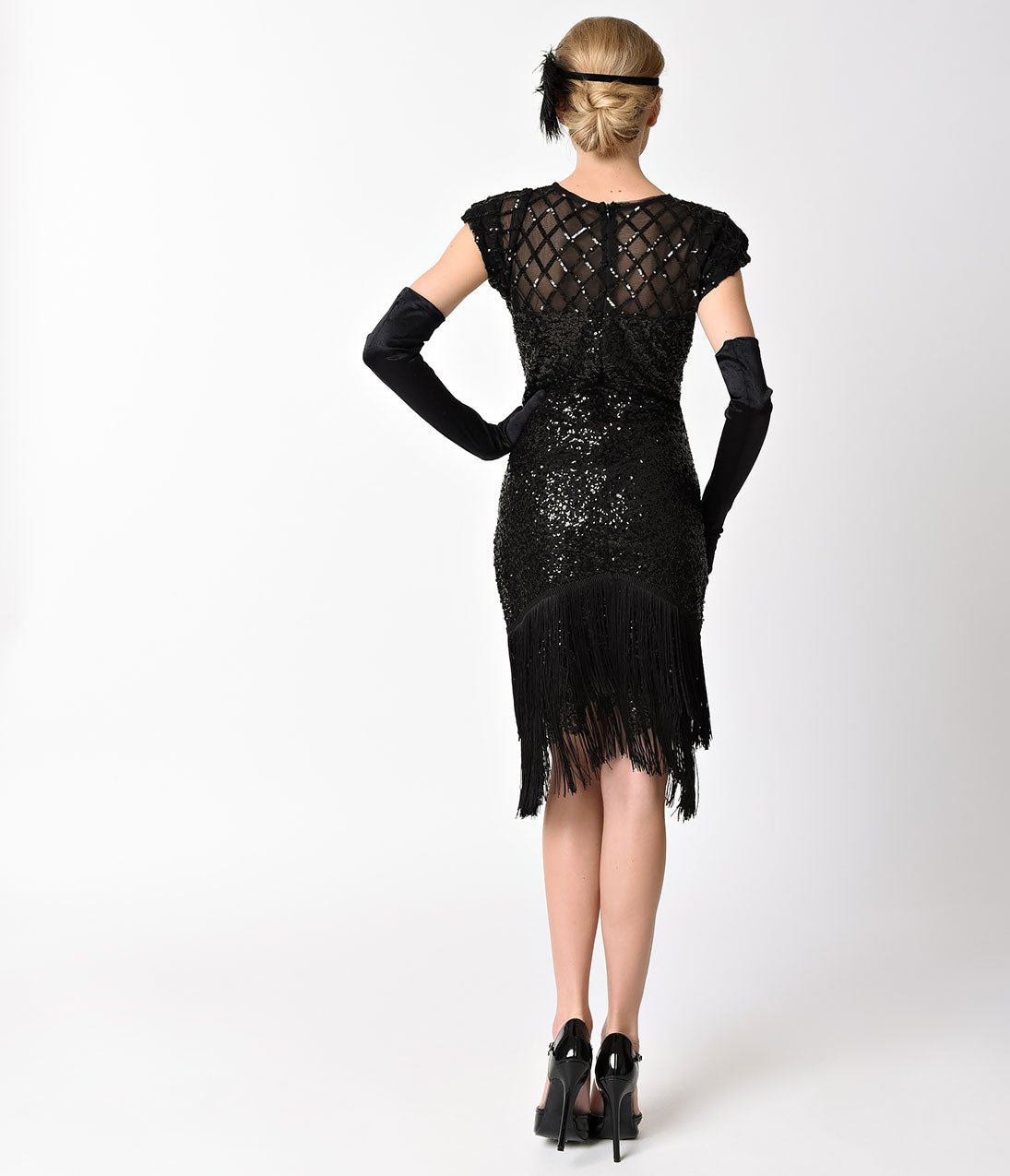Unique Vintage 1920s Black Sequin Fringe Del Mar Flapper Dress - Unique Vintage - Womens, FLAPPER, SLEEVED BEADED