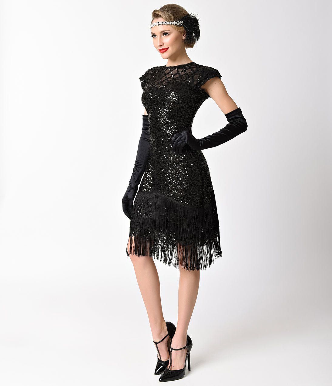 Unique Vintage 1920s Black Sequin Fringe Del Mar Flapper Dress - Unique Vintage - Womens, FLAPPER, SLEEVED BEADED