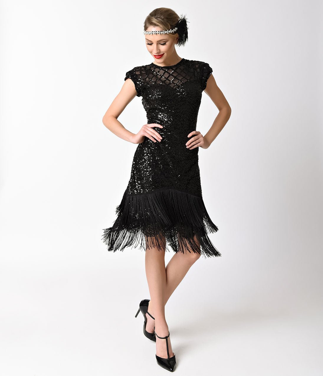Unique Vintage 1920s Black Sequin Fringe Del Mar Flapper Dress - Unique Vintage - Womens, FLAPPER, SLEEVED BEADED