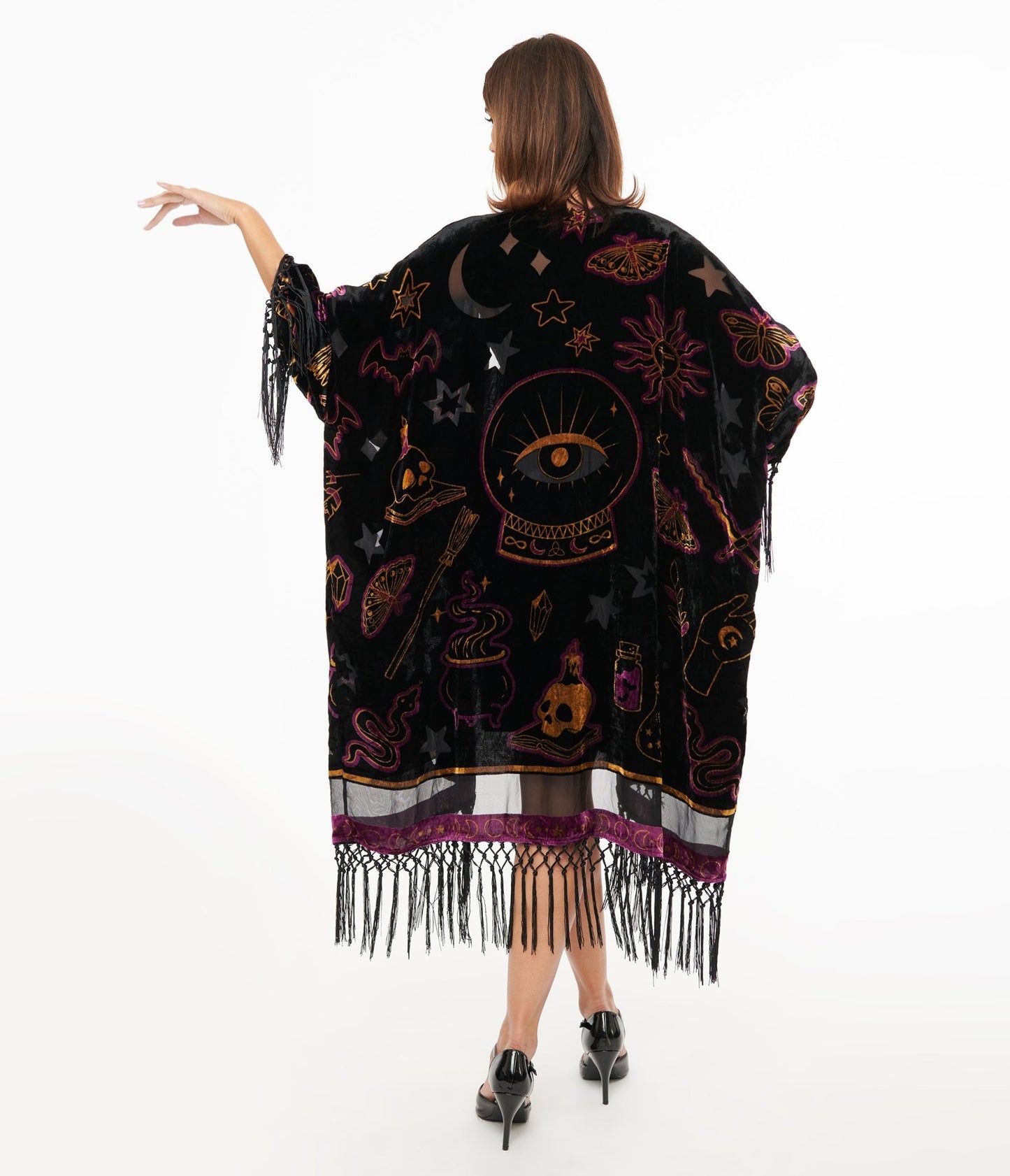 Unique Vintage 1920s Black Velvet Burnout Mystical Icons Fringe Kimono - Unique Vintage - Womens, FLAPPER, COATS