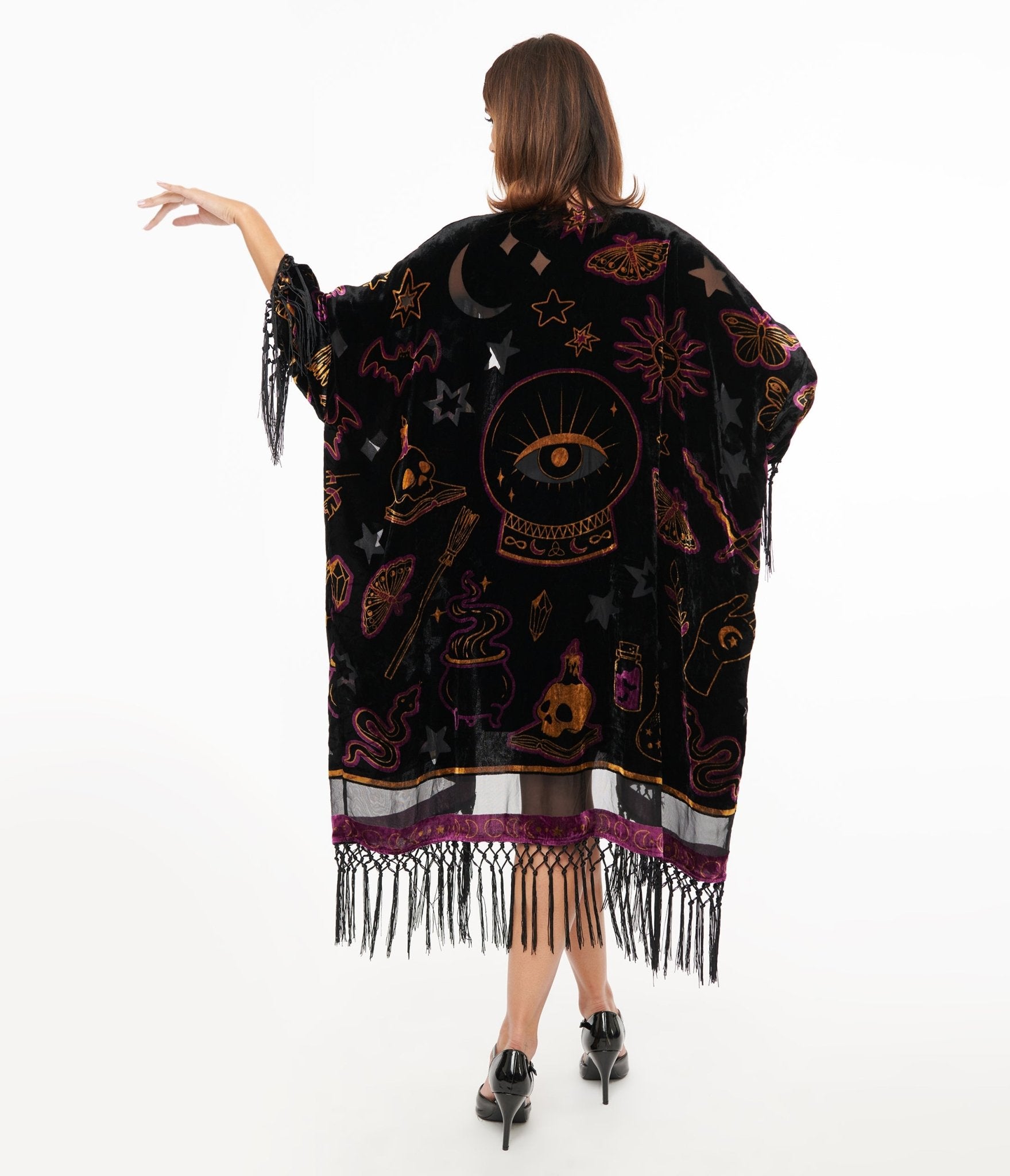 Unique Vintage 1920s Black Velvet Burnout Mystical Icons Fringe Kimono - Unique Vintage - Womens, FLAPPER, COATS