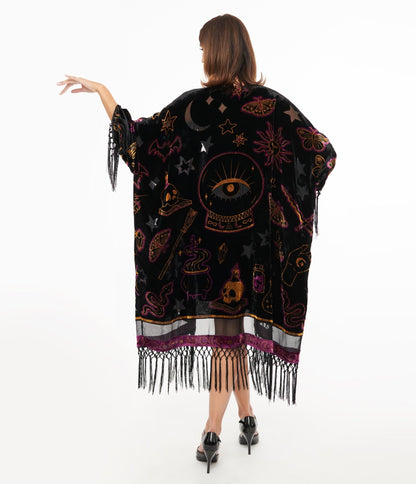 Unique Vintage 1920s Black Velvet Burnout Mystical Icons Fringe Kimono - Unique Vintage - Womens, FLAPPER, COATS