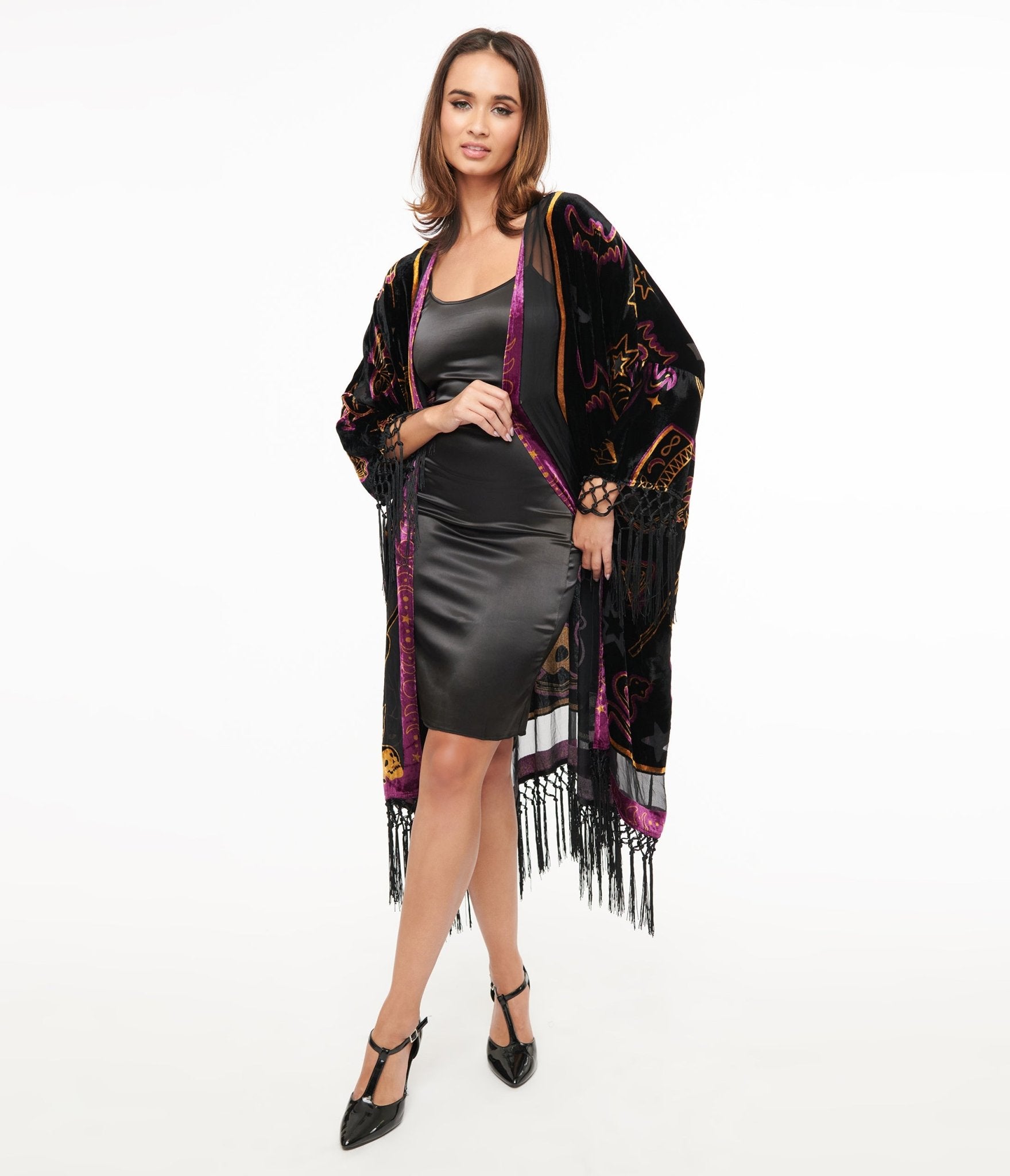 Unique Vintage 1920s Black Velvet Burnout Mystical Icons Fringe Kimono - Unique Vintage - Womens, FLAPPER, COATS
