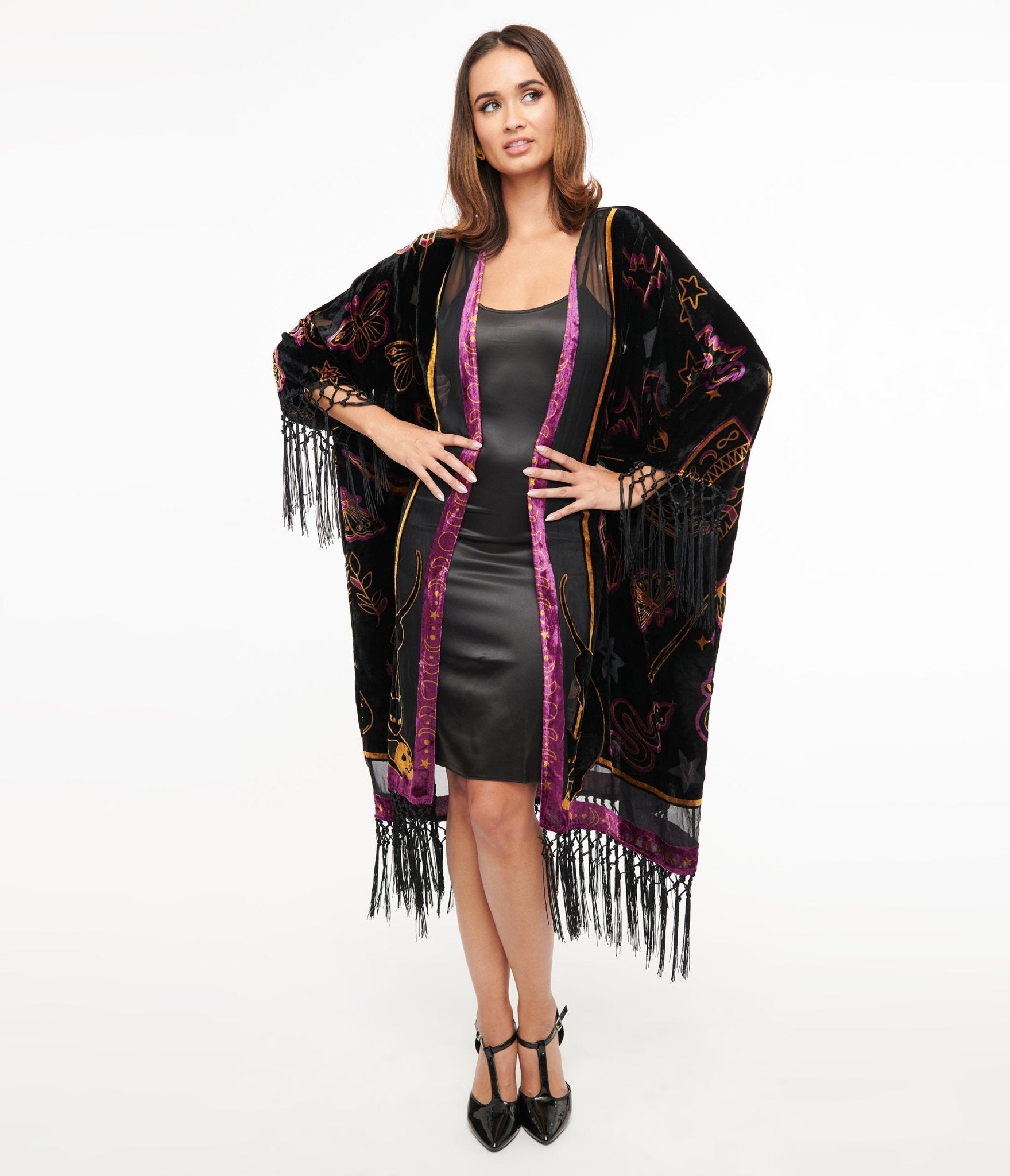 Unique Vintage 1920s Black Velvet Burnout Mystical Icons Fringe Kimono - Unique Vintage - Womens, FLAPPER, COATS