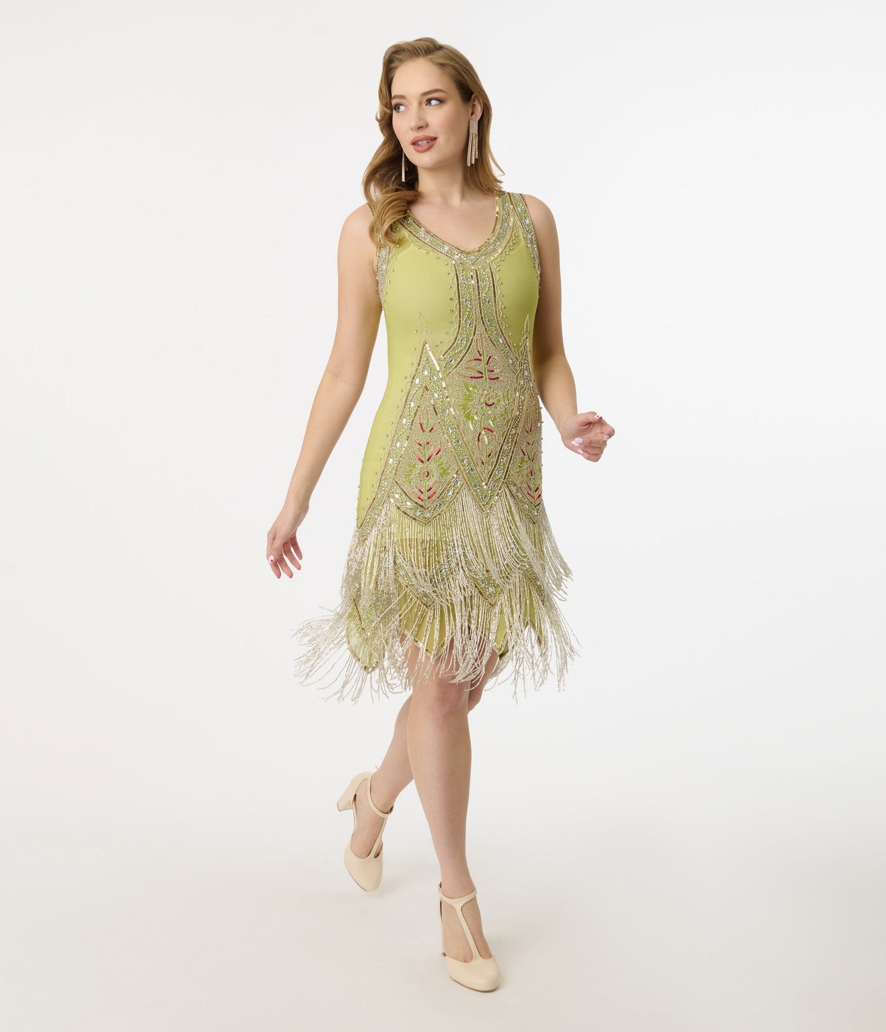 Unique Vintage 1920s Green & Silver Embroidered Somerset Flapper Dress - Unique Vintage - Womens, FLAPPER, SLEEVELESS BEADED