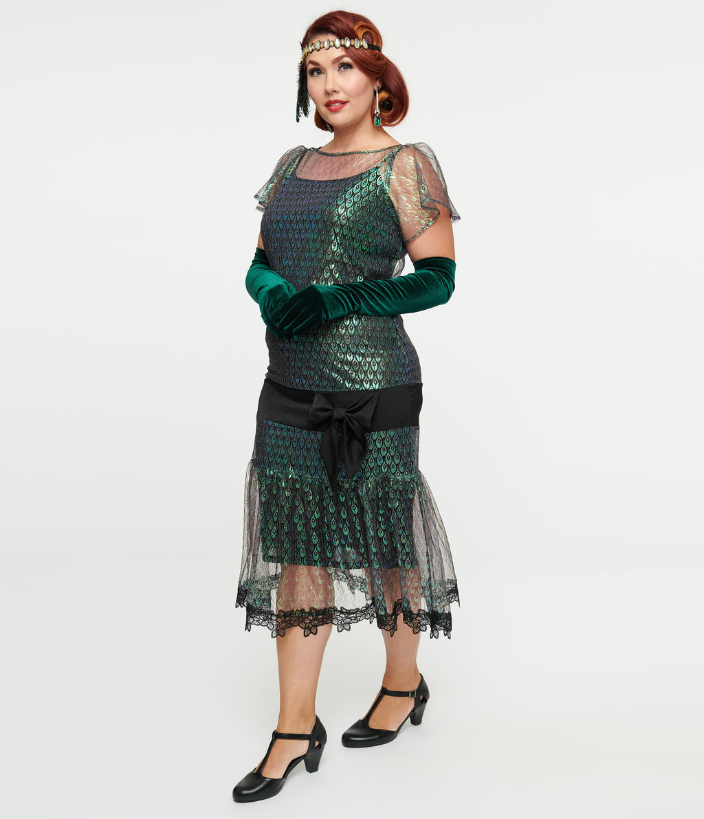 Unique Vintage 1920s Iridescent Peacock & Black Bow Flapper Dress - Unique Vintage - Womens, FLAPPER, SLEEVED NON BEADED
