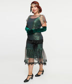 Unique Vintage 1920s Iridescent Peacock & Black Bow Flapper Dress - Unique Vintage - Womens, FLAPPER, SLEEVED NON BEADED