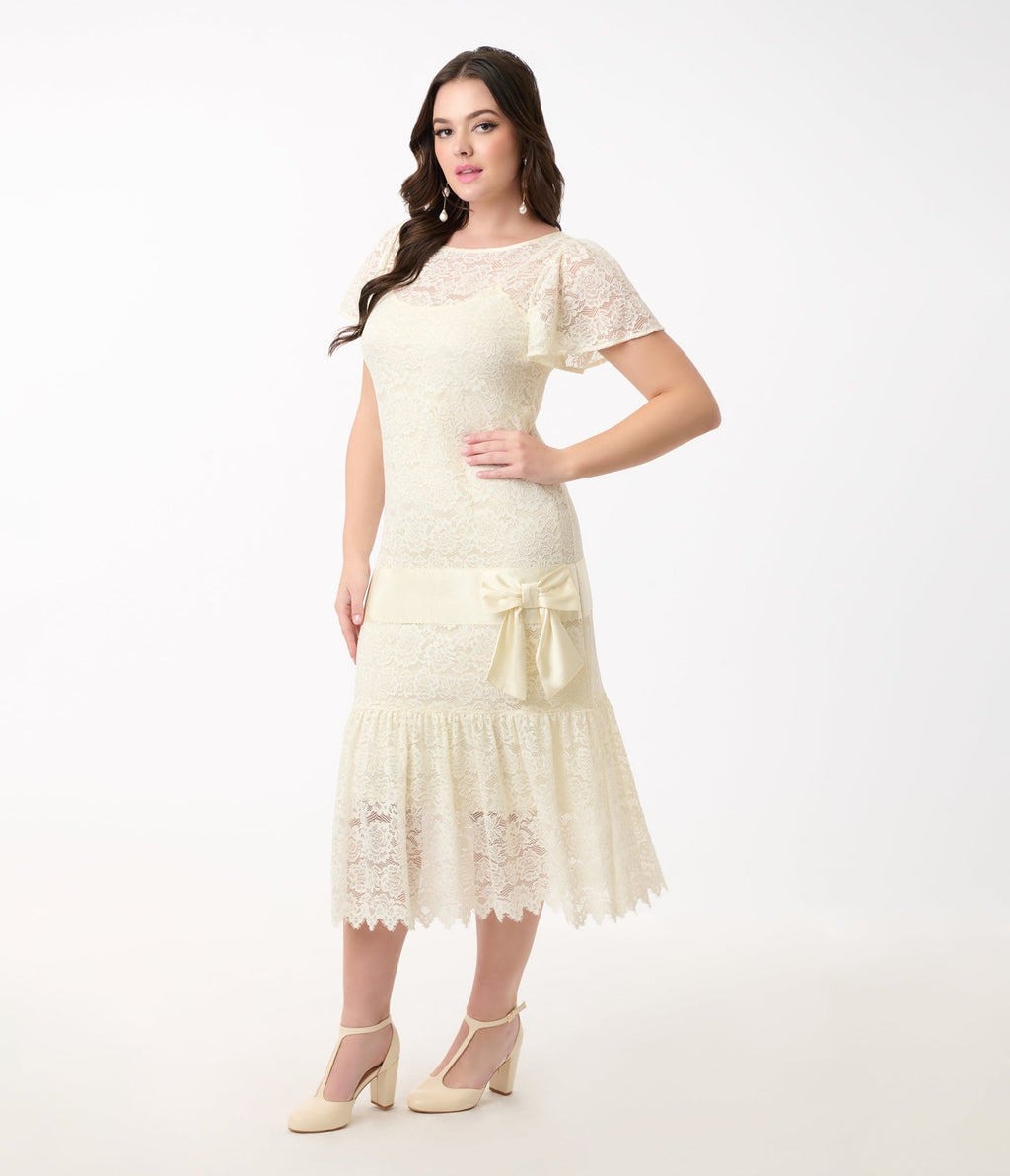 Unique Vintage 1920s Ivory Lace & Bow Flapper Dress - Unique Vintage - Womens, FLAPPER, SLEEVED NON BEADED