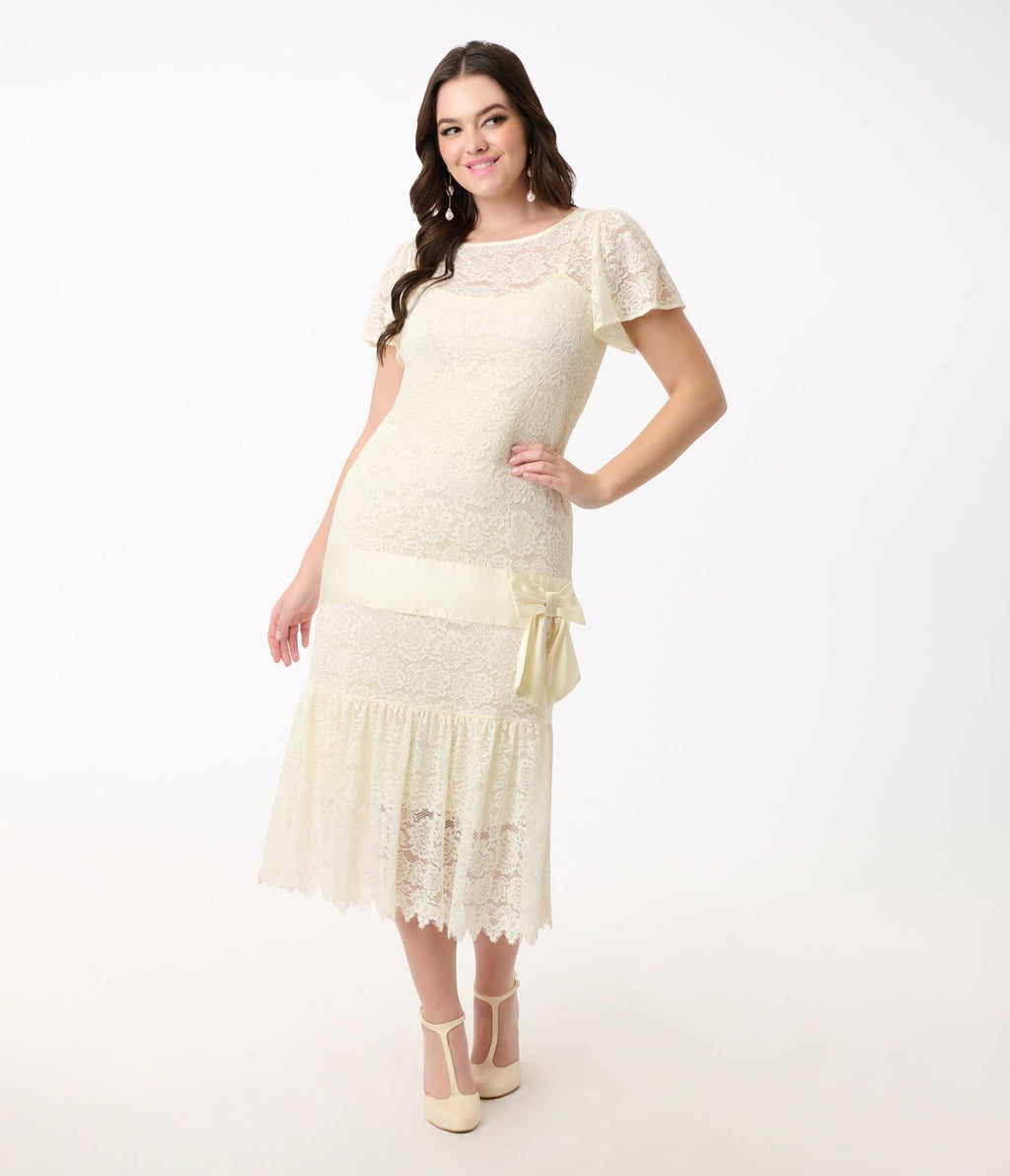 Unique Vintage 1920s Ivory Lace & Bow Flapper Dress - Unique Vintage - Womens, FLAPPER, SLEEVED NON BEADED