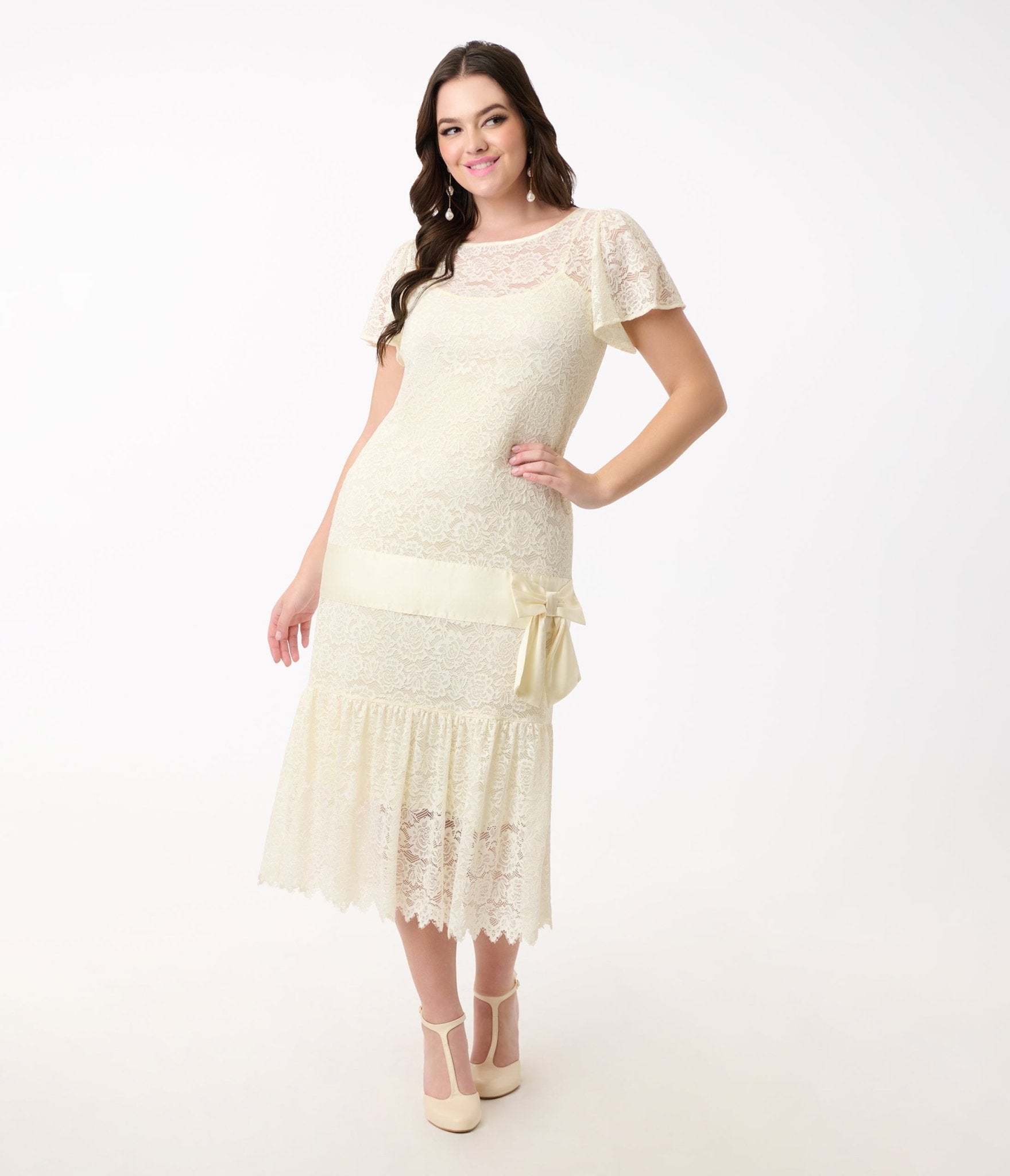 Unique Vintage 1920s Ivory Lace & Bow Flapper Dress - Unique Vintage - Womens, FLAPPER, SLEEVED NON BEADED