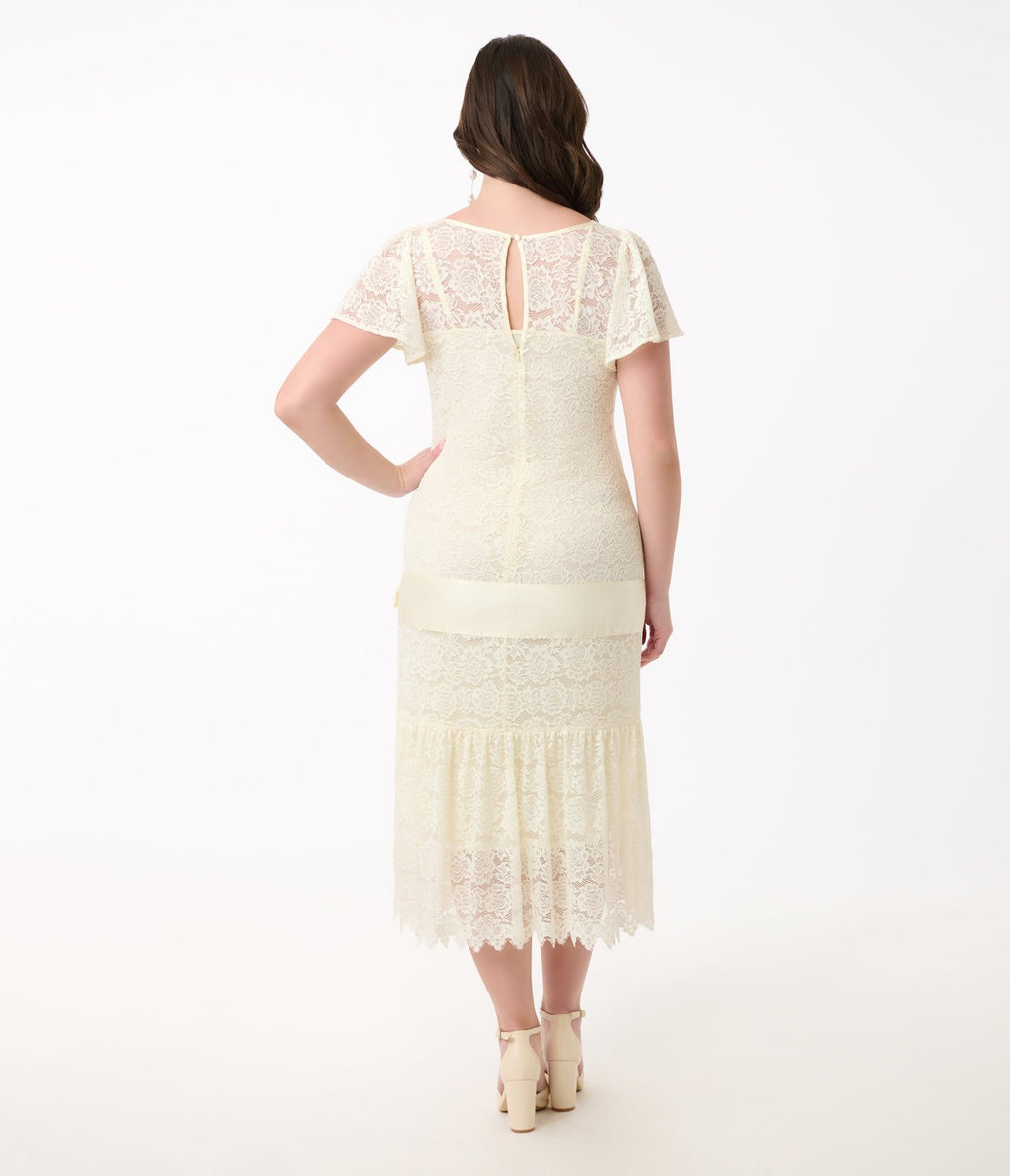 Unique Vintage 1920s Ivory Lace & Bow Flapper Dress - Unique Vintage - Womens, FLAPPER, SLEEVED NON BEADED