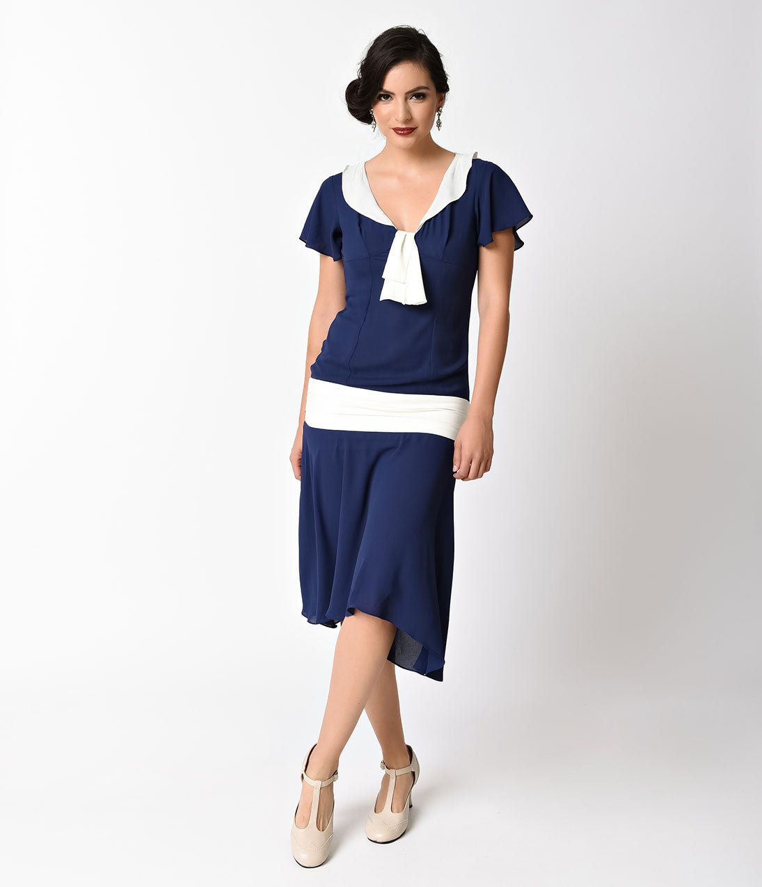 Unique Vintage 1920s Navy Blue & Ivory Wilshire Flapper Day Dress - Unique Vintage - Womens, FLAPPER, SLEEVELESS NON BEADED