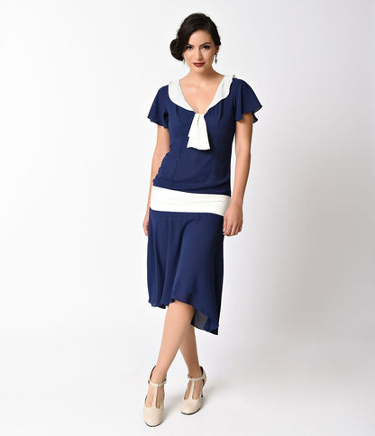 Unique Vintage 1920s Navy Blue & Ivory Wilshire Flapper Day Dress - Unique Vintage - Womens, FLAPPER, SLEEVELESS NON BEADED