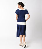 Unique Vintage 1920s Navy Blue & Ivory Wilshire Flapper Day Dress - Unique Vintage - Womens, FLAPPER, SLEEVELESS NON BEADED