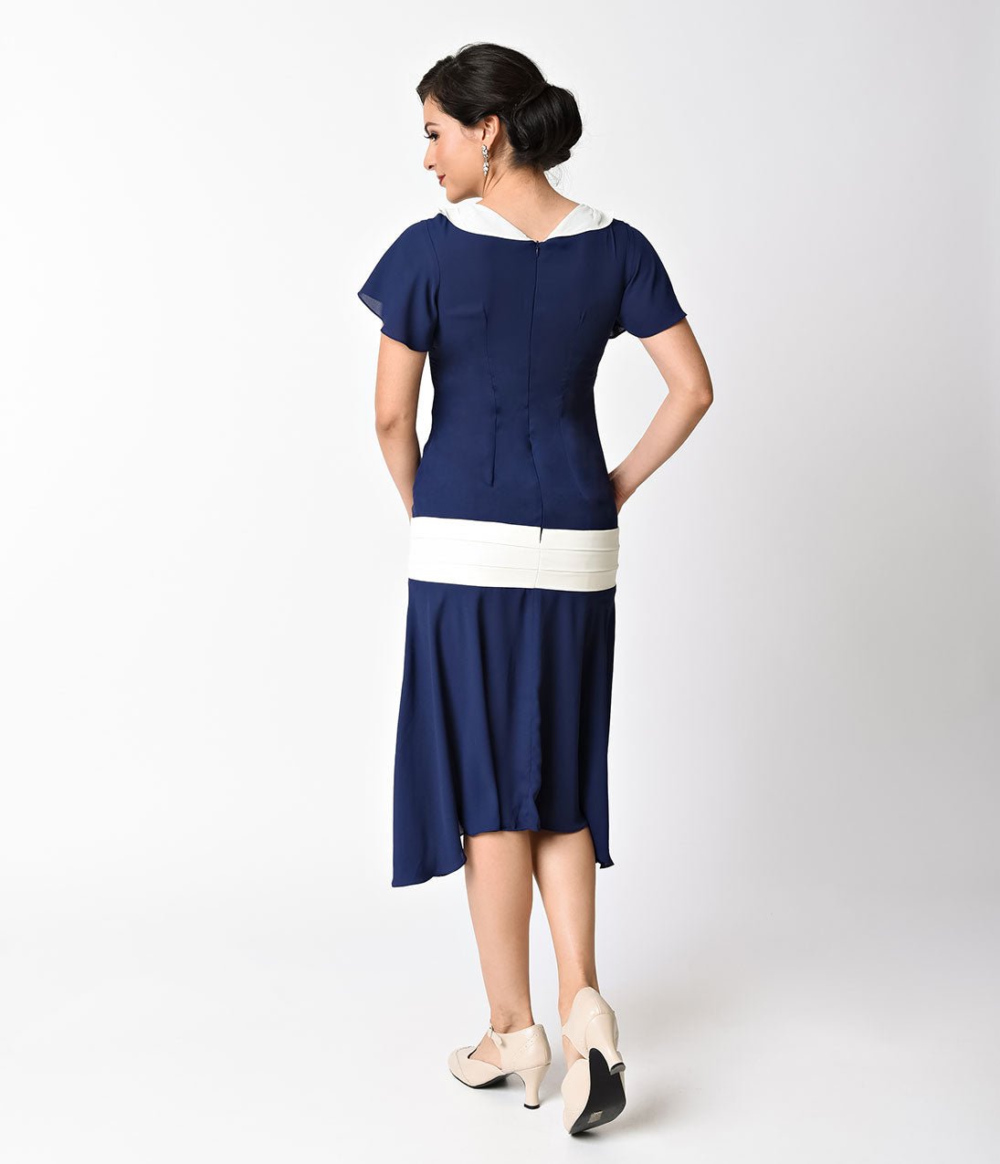 navy blue dress with white Unique Vintage 1920s Navy Blue & Ivory Wilshire Flapper Day Dress