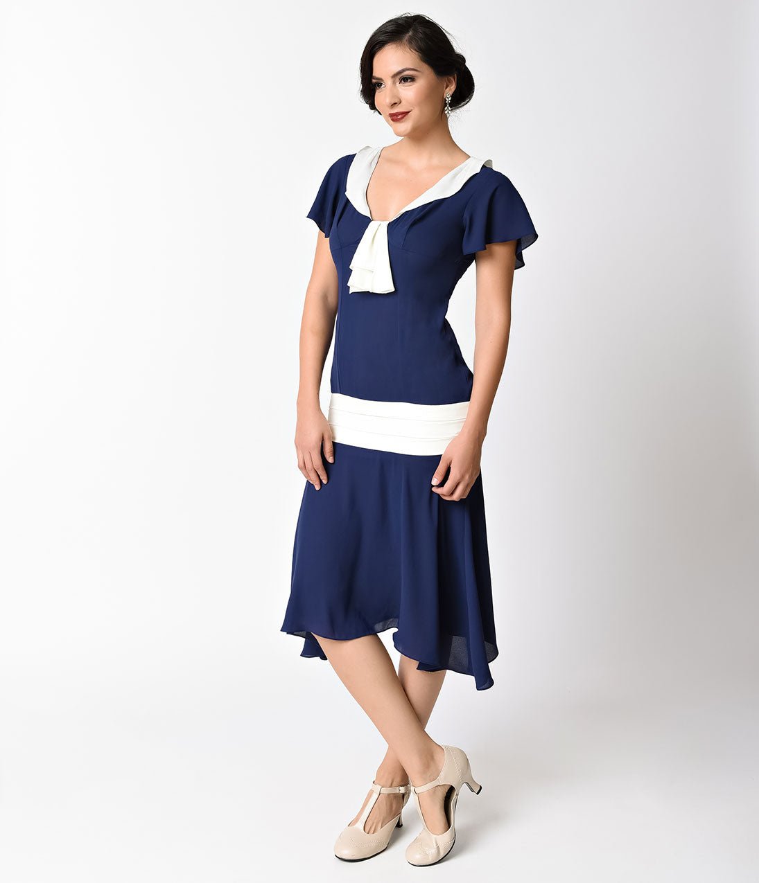 Unique Vintage 1920s Navy Blue & Ivory Wilshire Flapper Day Dress - Unique Vintage - Womens, FLAPPER, SLEEVELESS NON BEADED