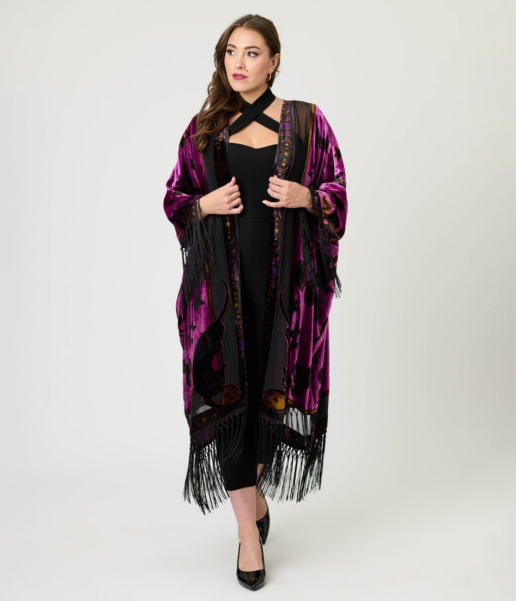 Unique Vintage 1920s Purple Velvet Burnout Mystical Icons Fringe Kimono - Unique Vintage - Womens, FLAPPER, COATS