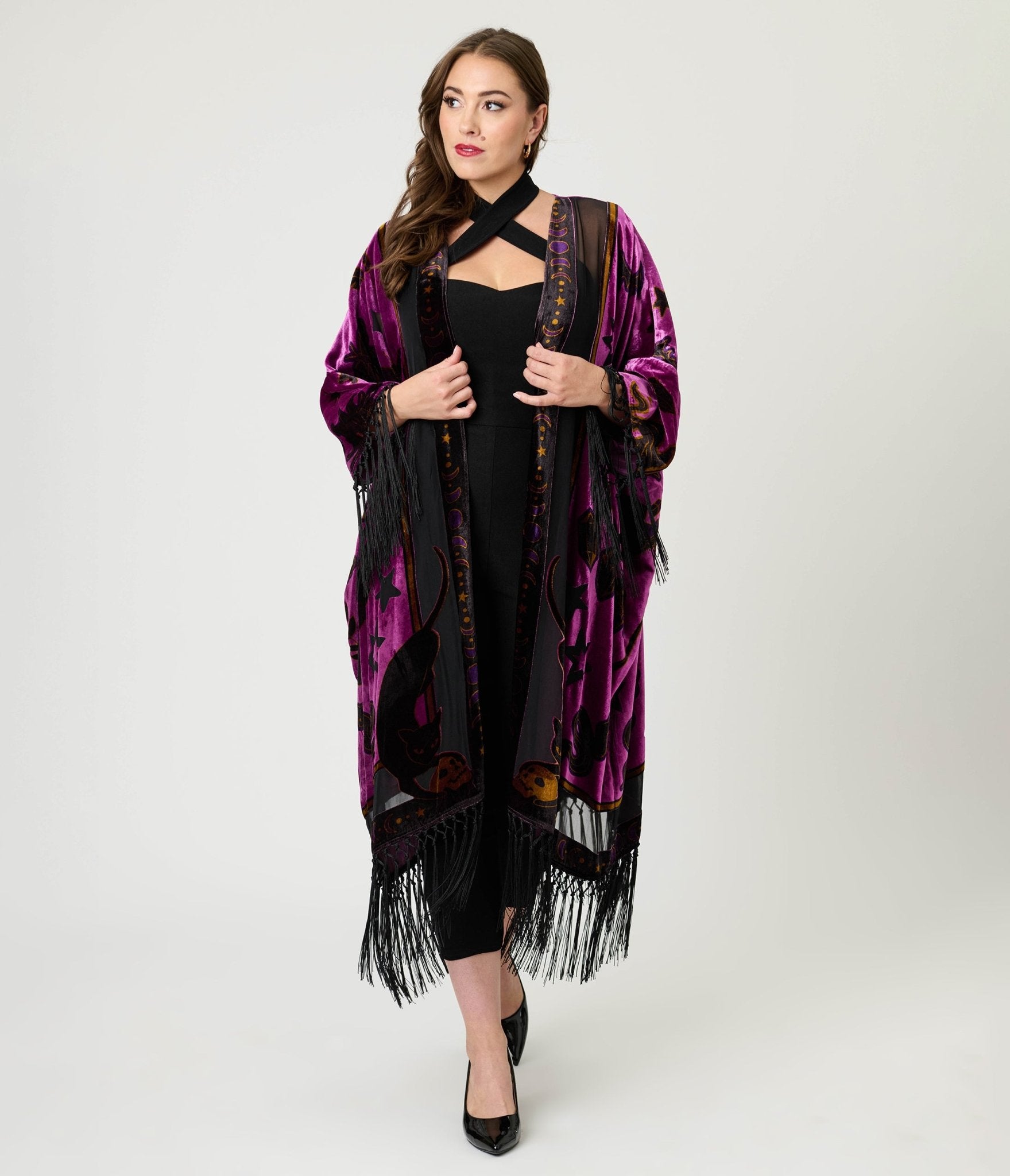 Unique Vintage 1920s Purple Velvet Burnout Mystical Icons Fringe Kimono - Unique Vintage - Womens, FLAPPER, COATS