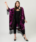 Unique Vintage 1920s Purple Velvet Burnout Mystical Icons Fringe Kimono - Unique Vintage - Womens, FLAPPER, COATS