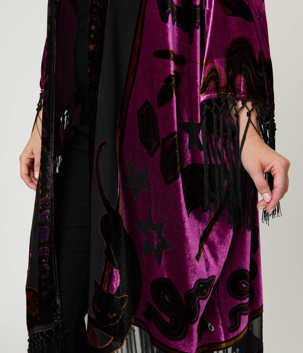 Unique Vintage 1920s Purple Velvet Burnout Mystical Icons Fringe Kimono - Unique Vintage - Womens, FLAPPER, COATS
