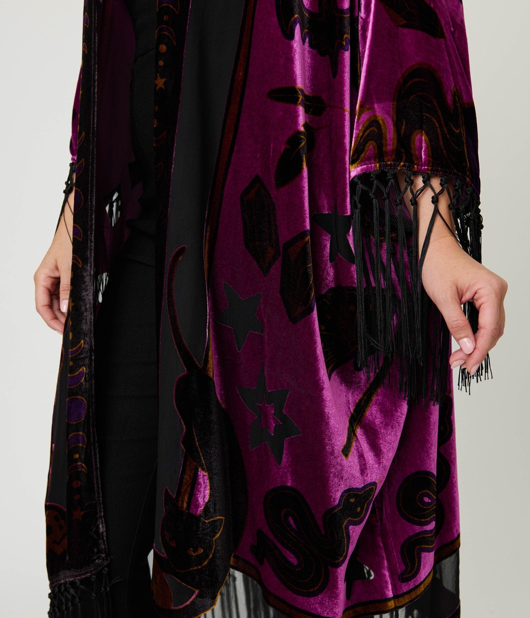 Unique Vintage 1920s Purple Velvet Burnout Mystical Icons Fringe Kimono - Unique Vintage - Womens, FLAPPER, COATS