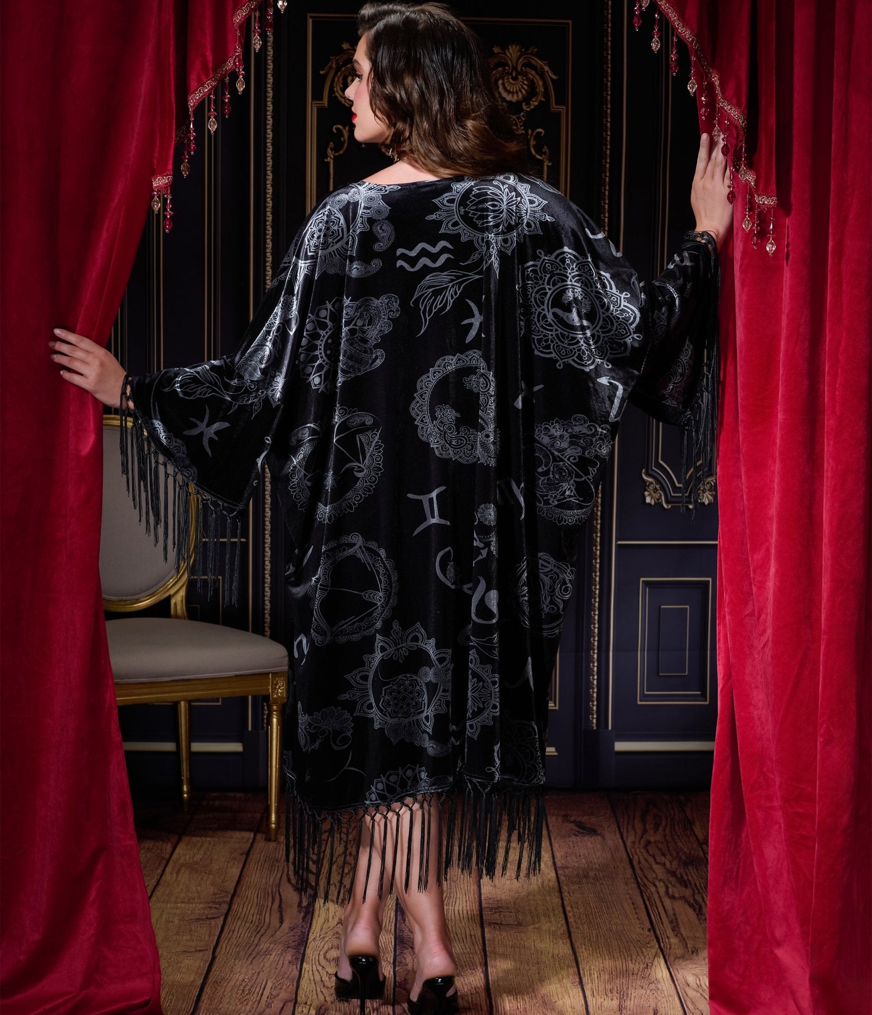 Unique Vintage 1920s Silver & Black Velvet Zodiac Fringe Kimono - Unique Vintage - Womens, FLAPPER, COATS