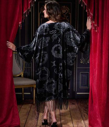 Unique Vintage 1920s Silver & Black Velvet Zodiac Fringe Kimono - Unique Vintage - Womens, FLAPPER, COATS