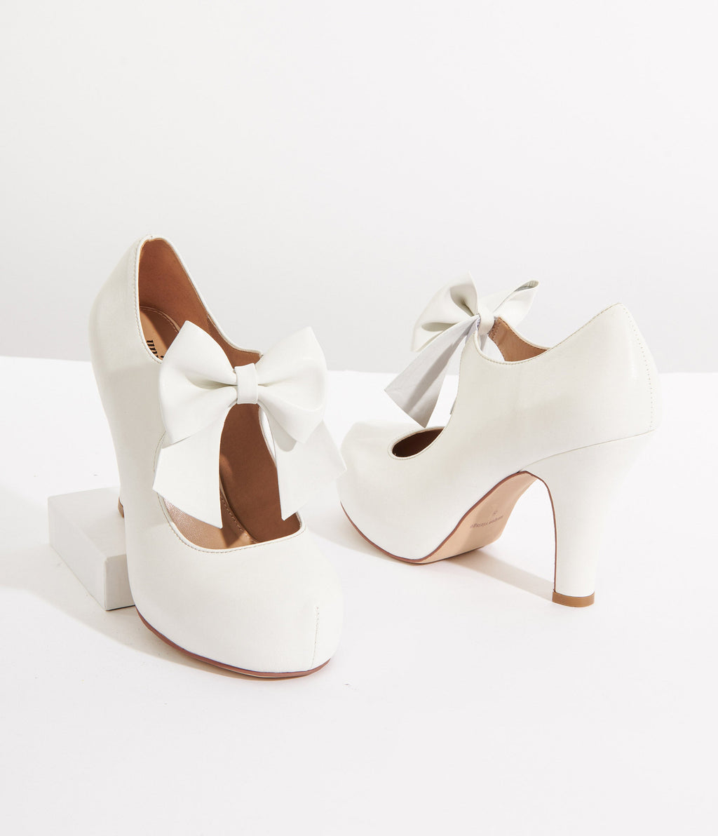 Unique Vintage 1920s White Bow Mary Jane Heels - Unique Vintage - Womens, SHOES, HEELS