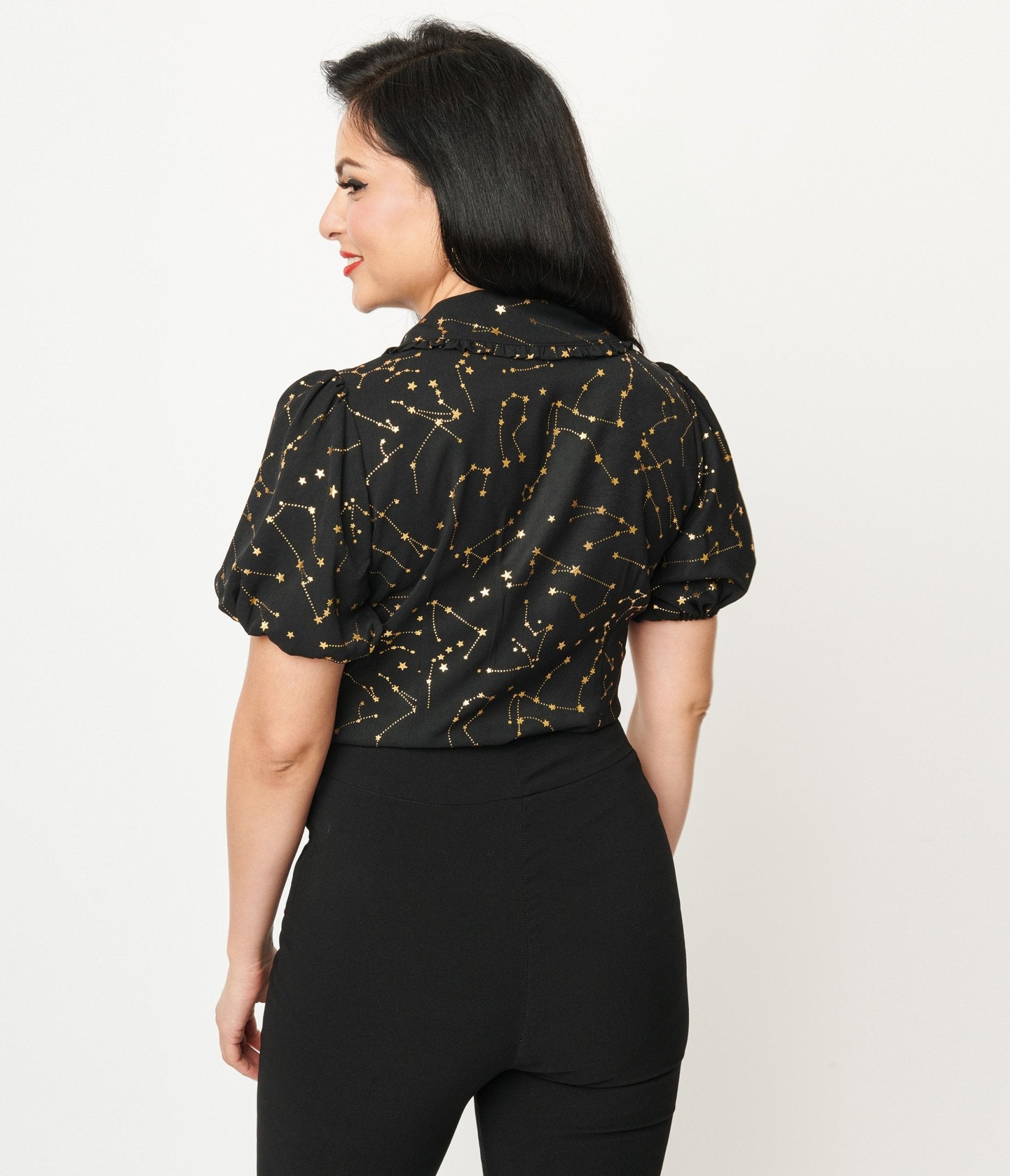 Unique Vintage 1930s Black & Gold Stars Oversized Collar Blouse Unique Vintage 1930s Black & Gold Stars Oversized Collar Blouse